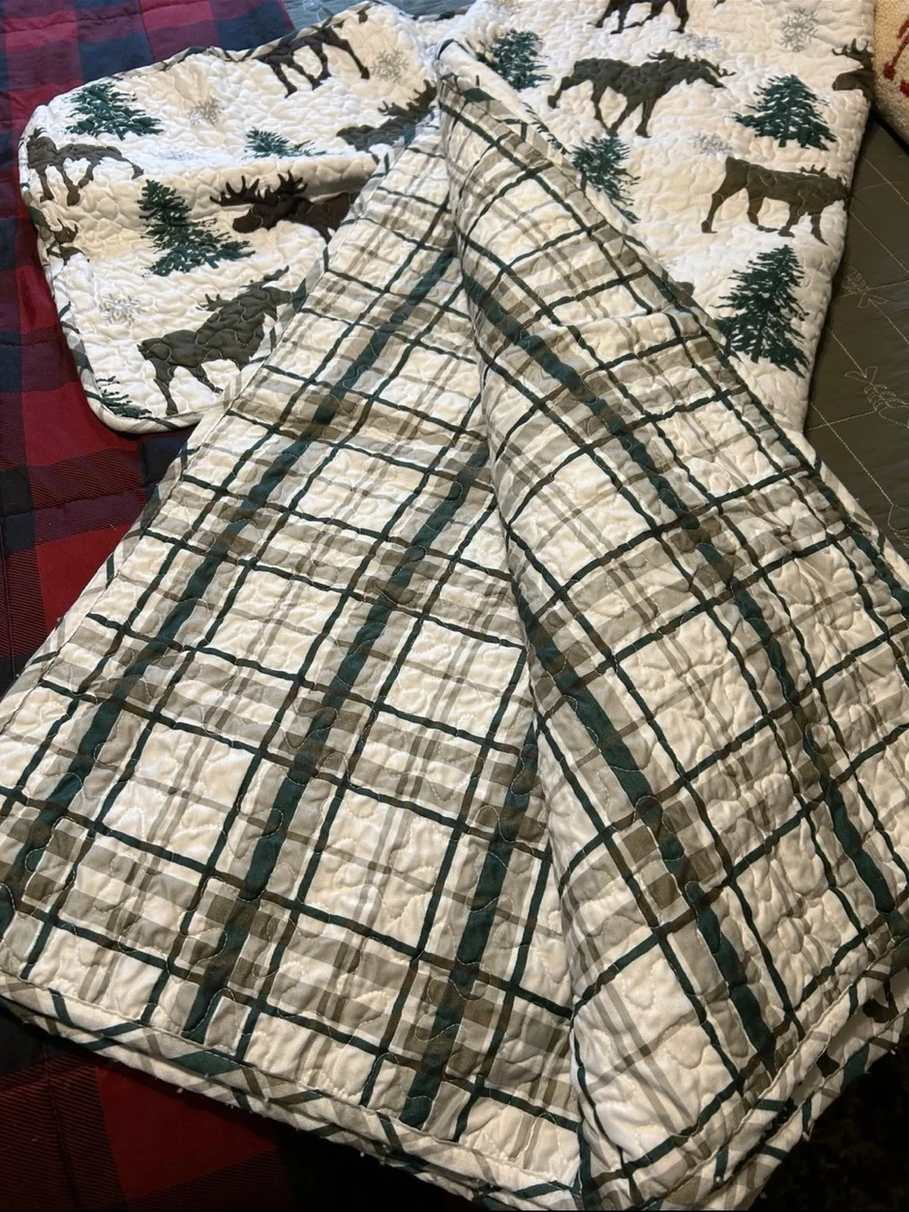 Rustic Moose Print Quilt Set - White and Green Twin microfiber